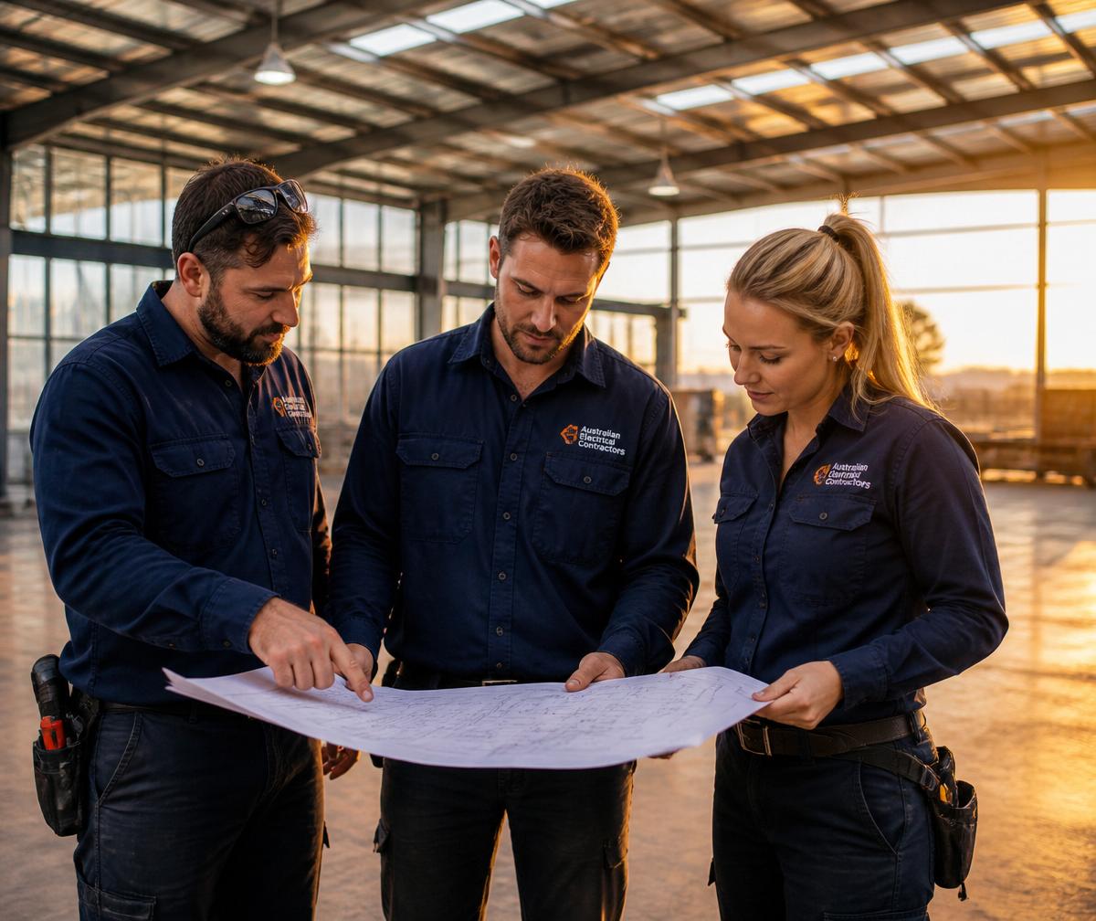 REVMA electrical team reviewing project plans on site